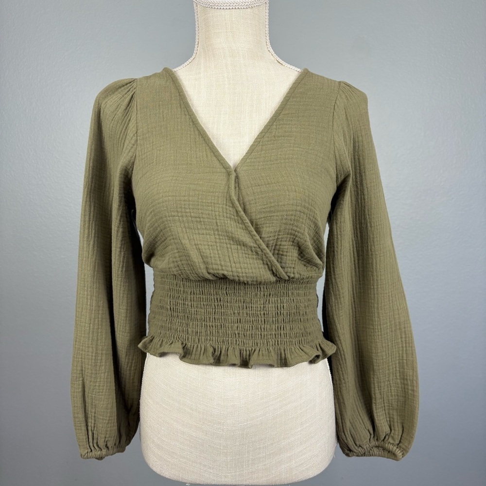 Madewell Lightspun Julianne Smocked Waist Balloon Sleeve Top XS Green